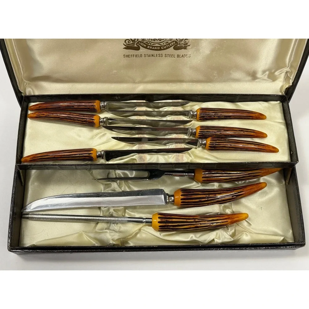 Vintage Lion Brand Sheffield Stainless Steak & Carving Knife Set